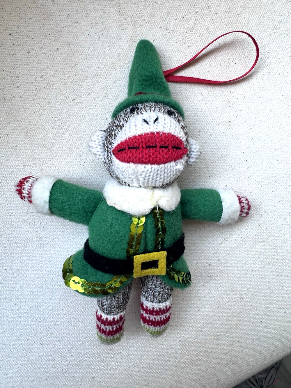 Sock Monkey Elf Ornament 6" Plush Holiday Christmas Decor Collectible SHIPS FREE